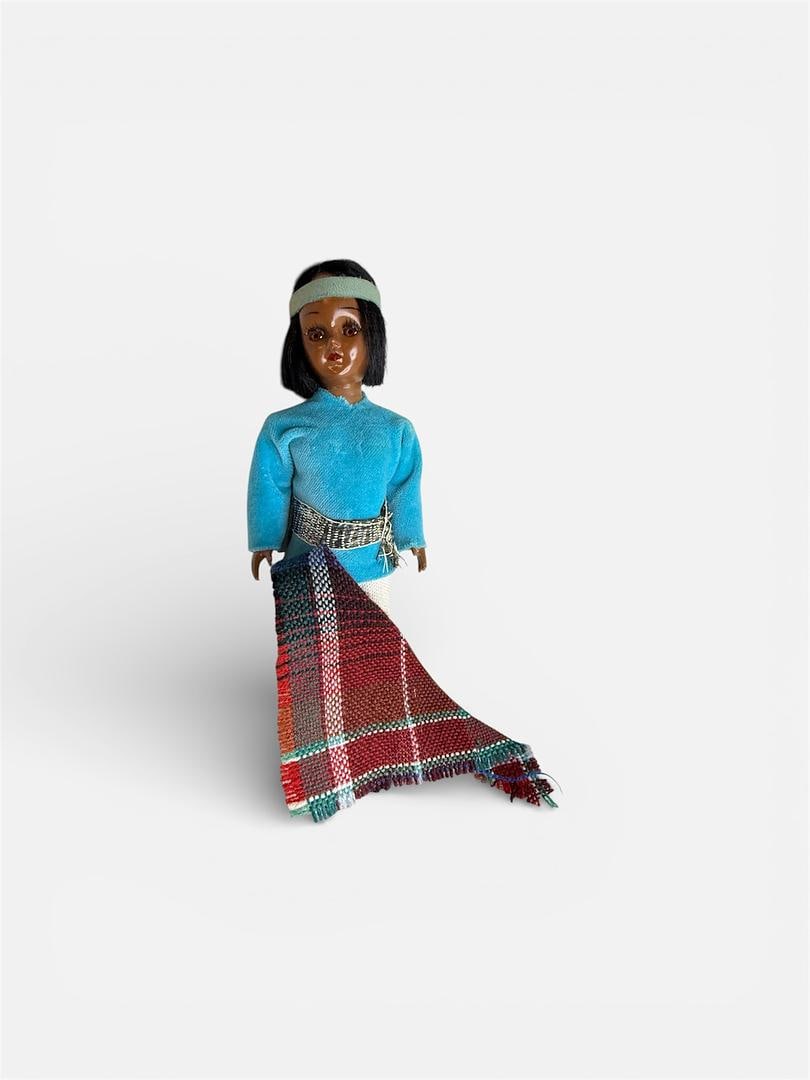 Vintage Native American Carlson Doll With Blue Velvet Shirt and Plaid Blanket (1 of 4)