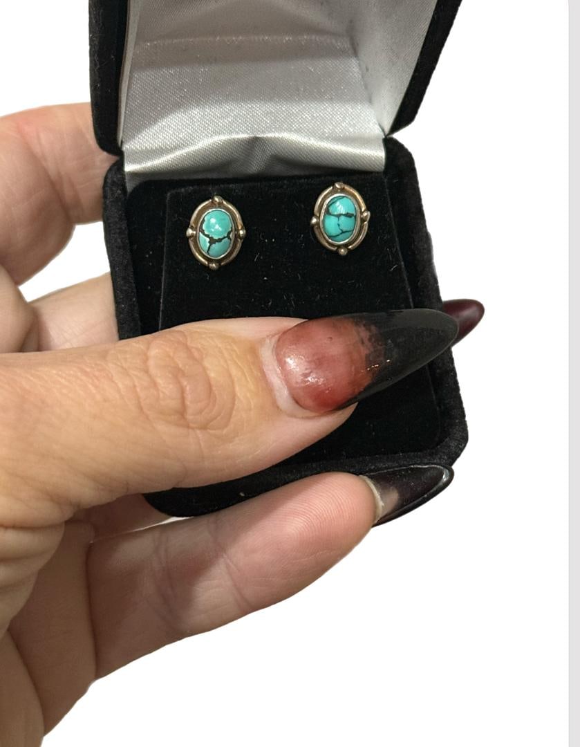 Navajo Earrings 925 Sterling Silver Natural Spiderweb Turquoise Studs; 2 GRAMS (1 of 7)