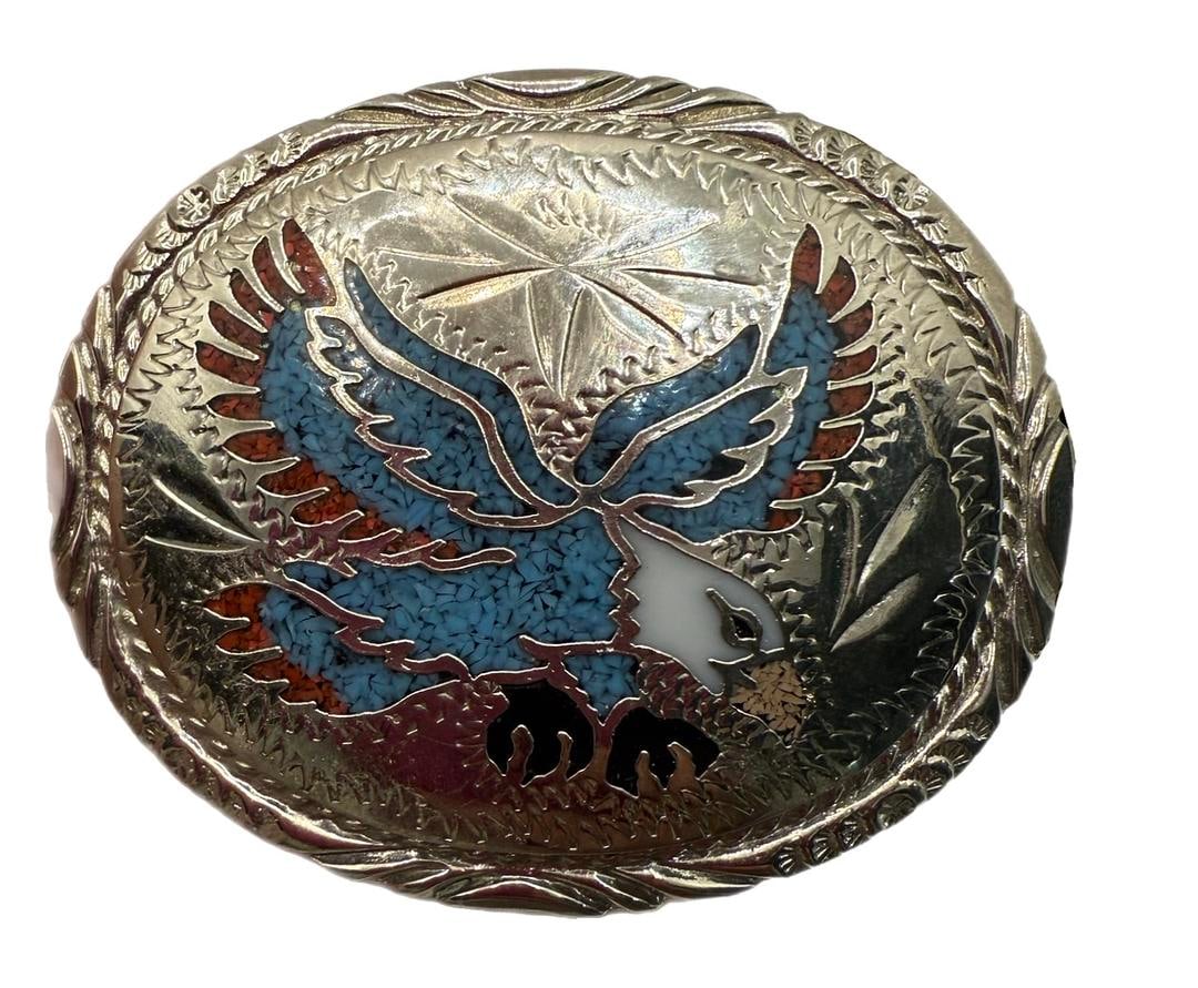 Vintage SSI Hallmark Makers Mark Enamel Turquoise Coral Belt Buckle Bald American Eagle 3": 42 Vintage SSI Hallmark Makers Mark Enamel Turquoise Coral Belt Buckle Bald American Eagle 3" Native American Western Wear