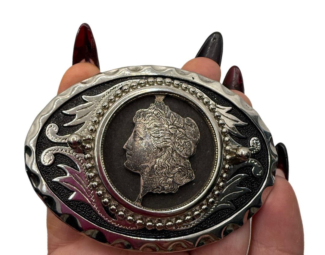 Vintage Oval Belt Buckle With Morgan Dollar Sterling Silver Buckle Western Cut out Coin: 47 Vintage Oval Belt Buckle With Morgan Dollar Sterling Silver 925 (The Coin is silver Not the buckle) Western Cut Out Coin 3.5"x2.5"