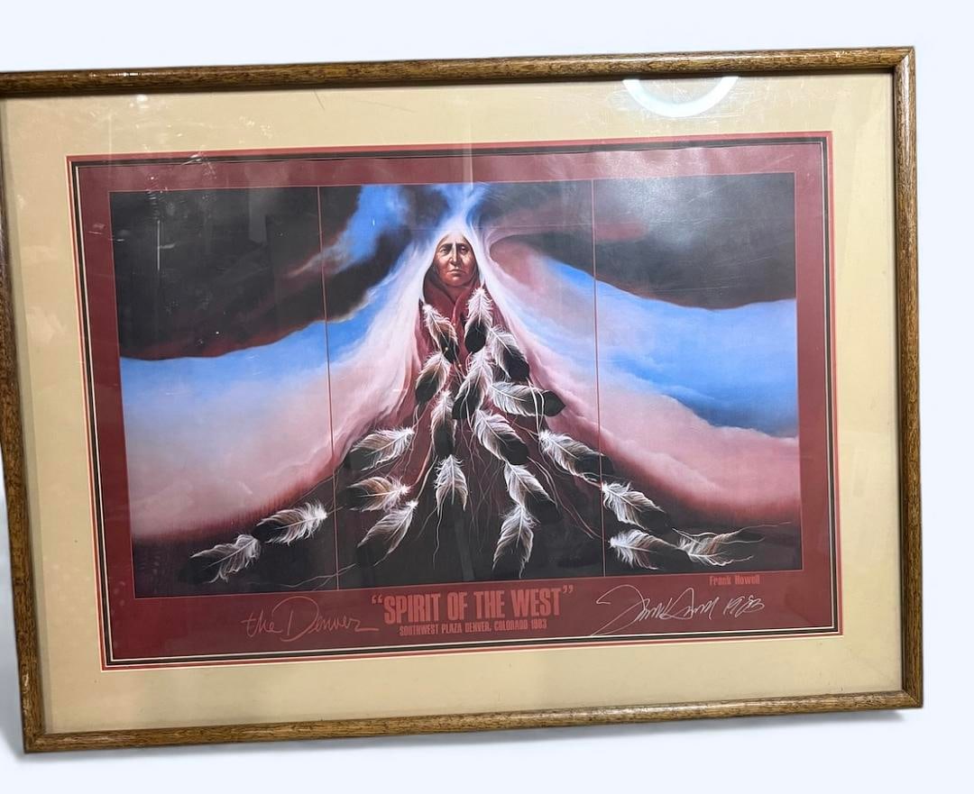 Frank Howell "Spirit Of The West" Signed 1983 Offset lithograph on paper 1983 Hand Signed By Artist: 93 Frank Howell "Spirit Of The West"Signed 1983 Southwest Plaza Denver Colorado 42.5"x32" Offset lithograph on paper, 1983 Double Matted & Professionally Framed with UV Resistant Glass. Hand-signed by