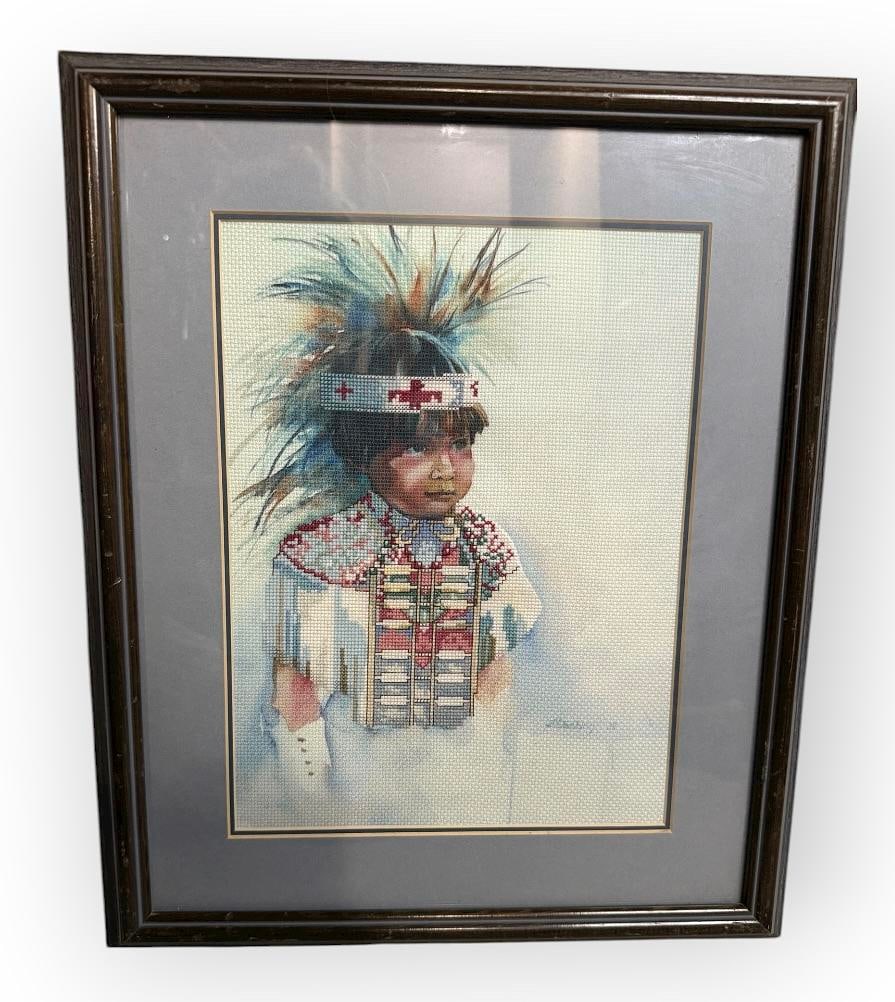 Framed Matted Colorart Cross Stitch "LITTLE BEAR" American Indian Boy Professionally Framed (1 of 8)