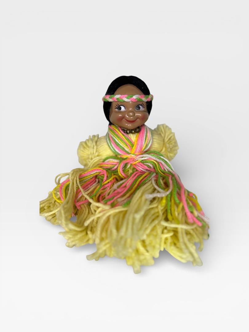 Vintage 1960s Braided Yarn Doll Native American 14" MCM Plastic Face Tourist Souvenir: 229 Vintage 1960s Braided Yarn Doll Native American 14” MCM Plastic Face Tourist Souvenir Handmade, Mercury Bead Necklace, Mint Condition