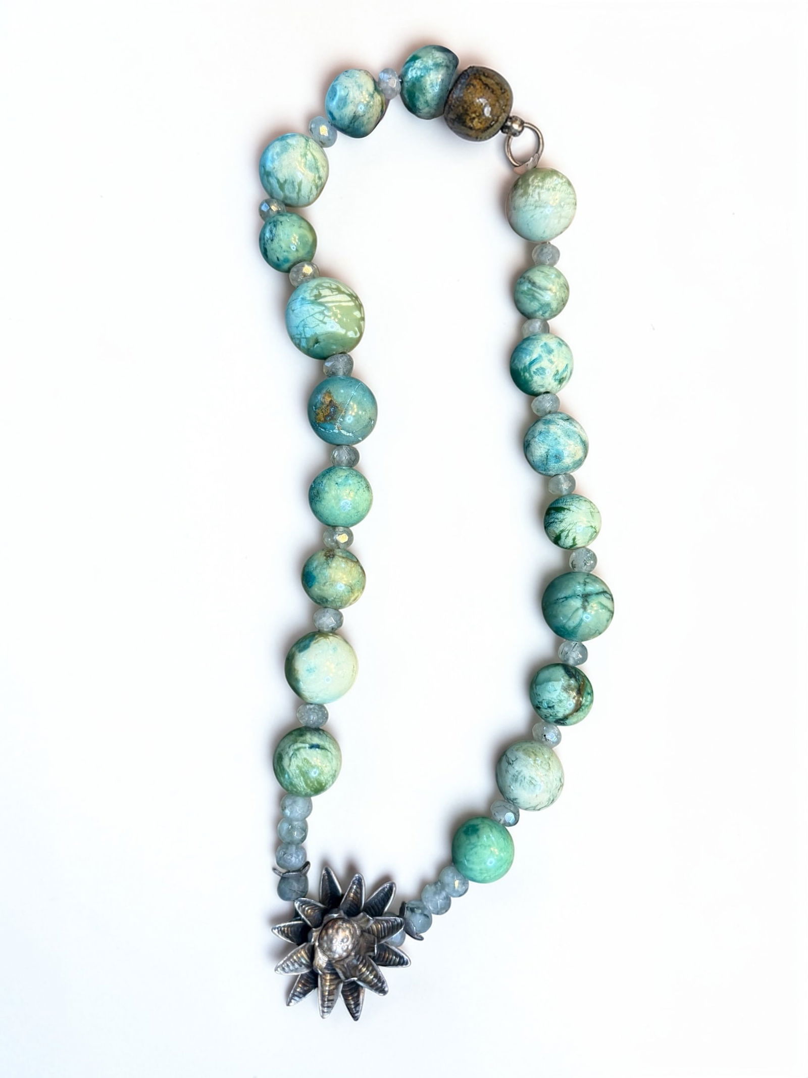 Antique Navajo Turquoise and jadeite Sterling Silver Blossom Beaded Necklace STUNNING! (1 of 9)