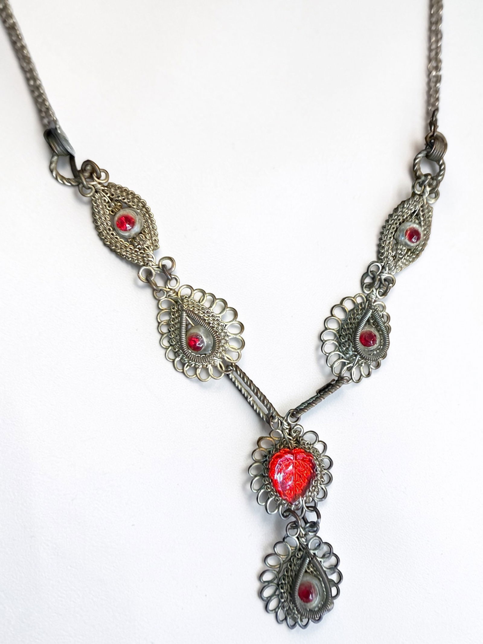 Antique Art Deco 1800s Silesian Wire Berlin Iron Necklace with Red Stones Georgian Era Wire Work: Antique Art Deco 1800s Silesian Wire Berlin Iron Necklace with Red Stones Georgian Era Wire Work