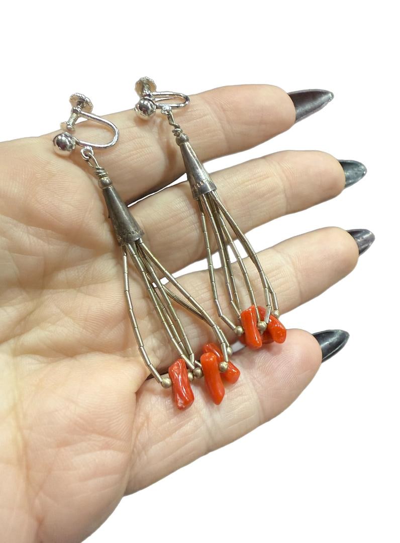 1970s Vintage Native American Sterling Silver Coral Liquid Silver Santo Domingo Earrings: 1970s Vintage Native American Sterling Silver 925 Coral Liquid Silver Santo Domingo Earrings, with coral heishi beads, decorative stamping, sterling mark but no maker mark visible. 8 GRAMS