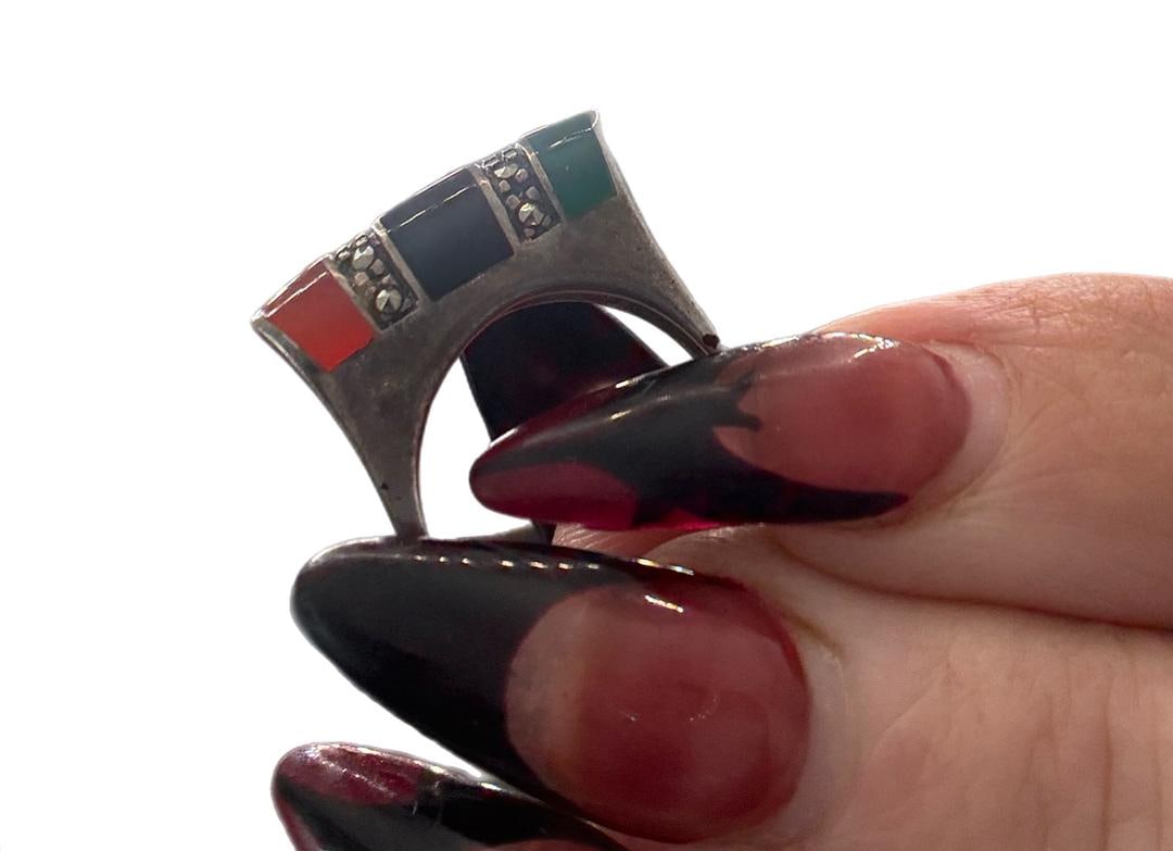 Vintage Onyx, Carnelian & Green Agate Sterling Silver Women's Ring SIZE 6 - 2