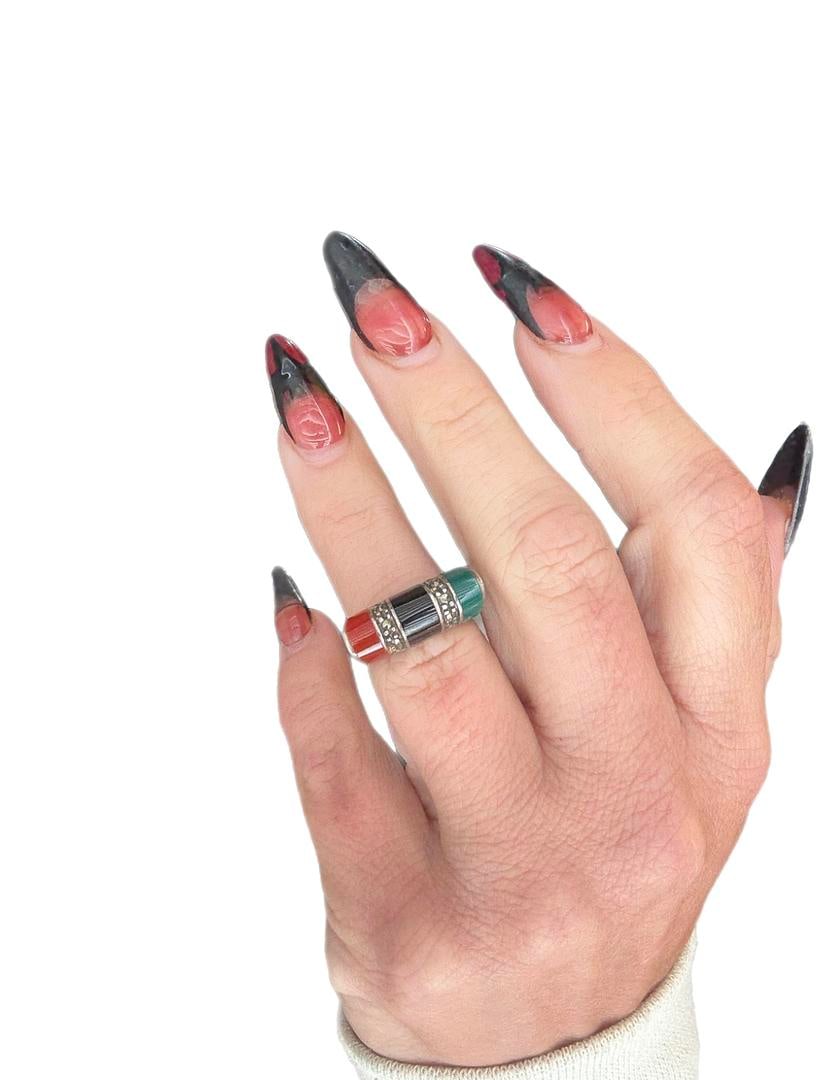 Vintage Onyx, Carnelian & Green Agate Sterling Silver Women's Ring SIZE 6 - 3