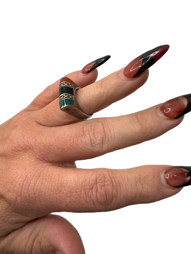 Vintage Onyx, Carnelian & Green Agate Sterling Silver Women's Ring SIZE 6 - 4