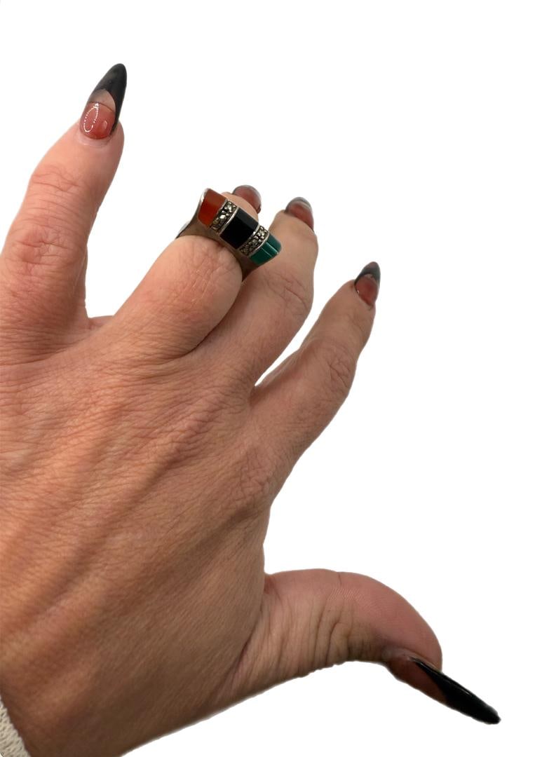 Vintage Onyx, Carnelian & Green Agate Sterling Silver Women's Ring SIZE 6 - 5