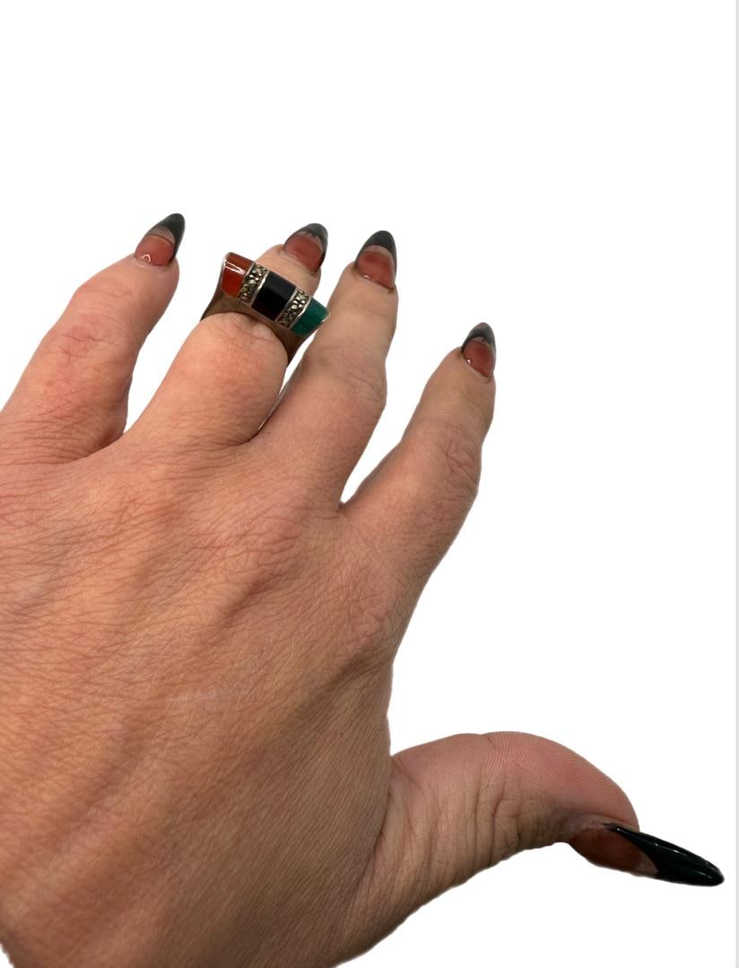 Vintage Onyx, Carnelian & Green Agate Sterling Silver Women's Ring SIZE 6 - 6