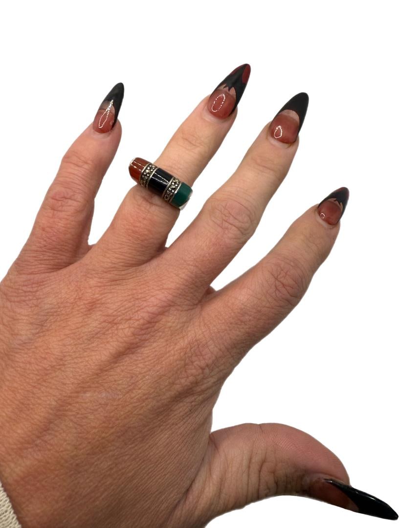 Vintage Onyx, Carnelian & Green Agate Sterling Silver Women's Ring SIZE 6 - 7
