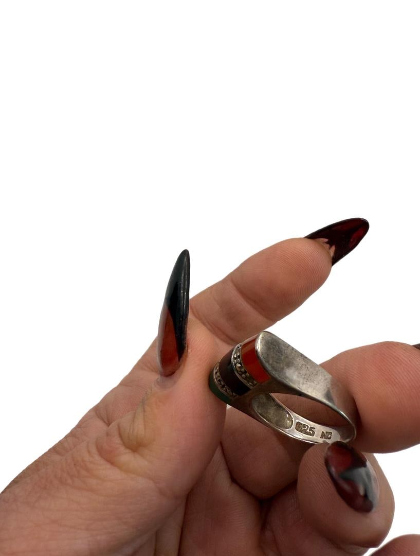 Vintage Onyx, Carnelian & Green Agate Sterling Silver Women's Ring SIZE 6 - 8