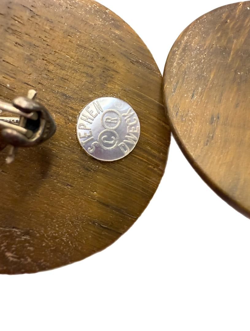 Vintage Stephen Dweck Earrings Sterling Silver Mother of Pearl and Tiger Eye Wood 1.75" - 6