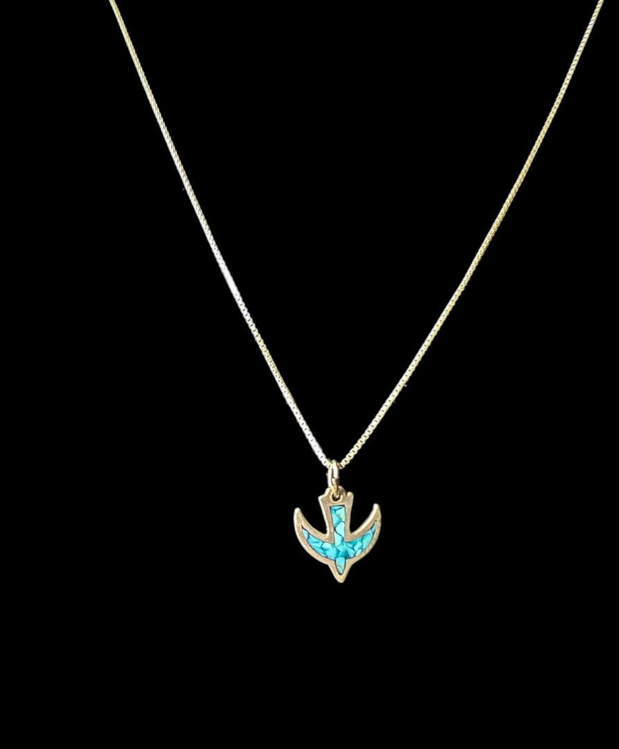 Vintage Sterling Silver & Turquoise Mosaic Navajo Bird Pendant 8cm Necklace on Sterling Box Chain - 2