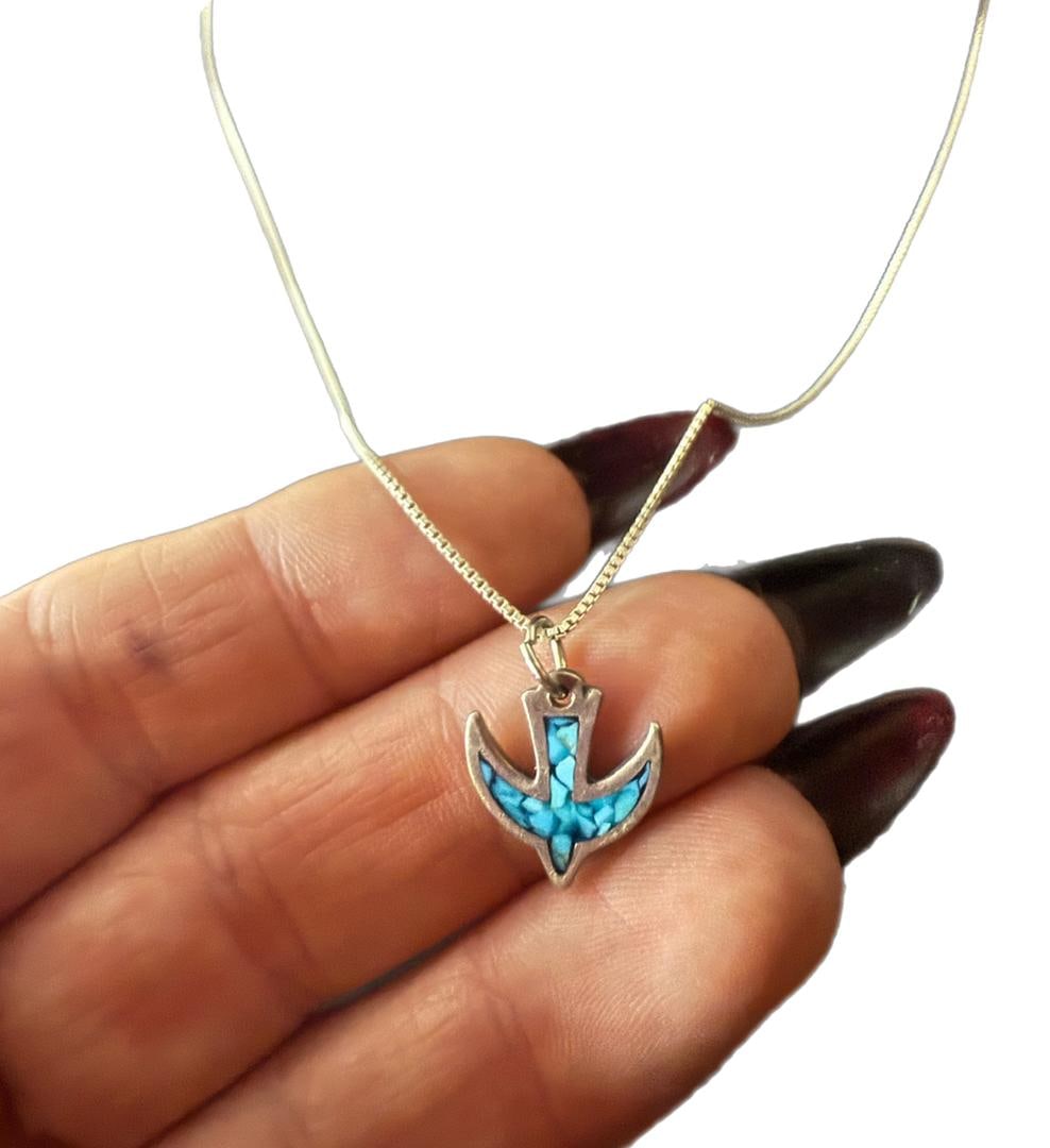 Vintage Sterling Silver & Turquoise Mosaic Navajo Bird Pendant 8cm Necklace on Sterling Box Chain - 4