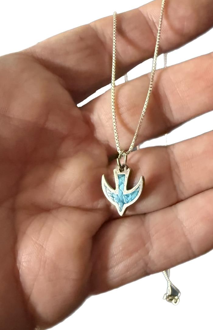 Vintage Sterling Silver & Turquoise Mosaic Navajo Bird Pendant 8cm Necklace on Sterling Box Chain - 5