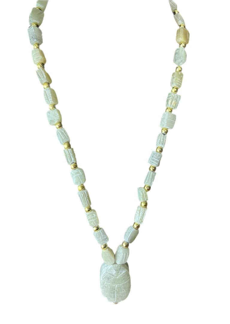 Vintage White Soapstone Carved Scarab Large Beatle Egyptian Revival Pendant Necklace (1 of 8)