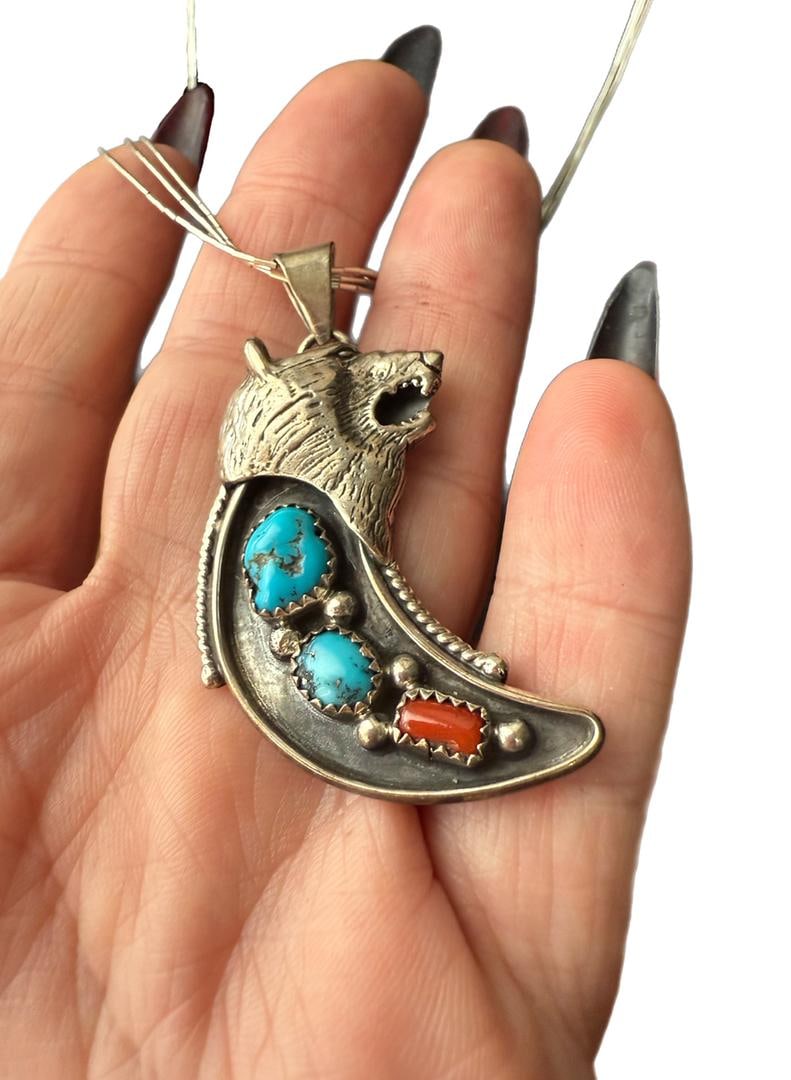 Vtg Running Bear Navajo Sterling Pendant Turquoise & Coral on 29" 3 Strand Liquid Silver Necklace - 2