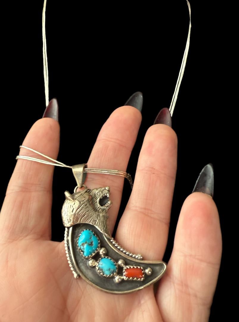 Vtg Running Bear Navajo Sterling Pendant Turquoise & Coral on 29" 3 Strand Liquid Silver Necklace - 7