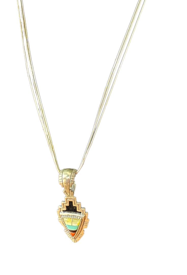RT Signed Arrowhead Reversible Sterling Pendant Coral, Onyx, MOP 24" 3 Strand Liquid Silver Necklace (1 of 8)