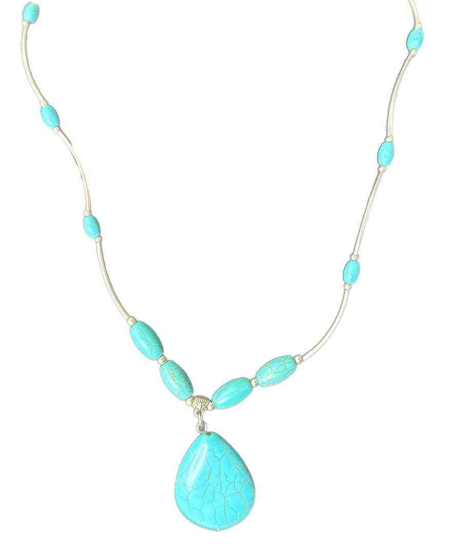 Western Faux Turquoise and Silver Beaded Teardrop Pendant Women's Fashion Necklace - 2