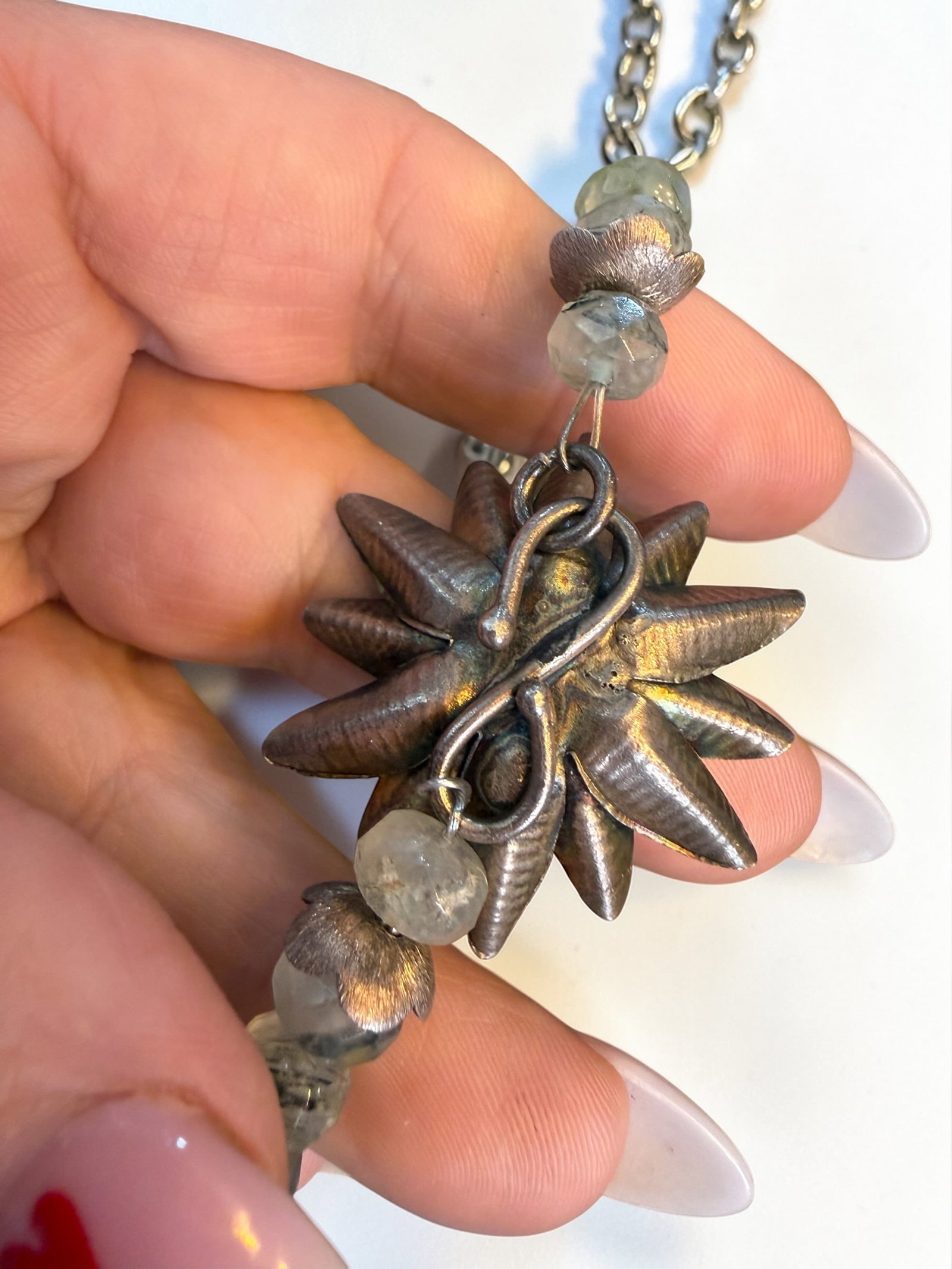 Antique Navajo Turquoise and jadeite Sterling Silver Blossom Beaded Necklace STUNNING!: Antique Navajo Turquoise and jadeite Sterling Silver Blossom Beaded Necklace STUNNING! Polished Turquoise Beads Range from 15mm to 22mm Round, Jade faceted Beads are approx 8mm by 6mm ovals with a