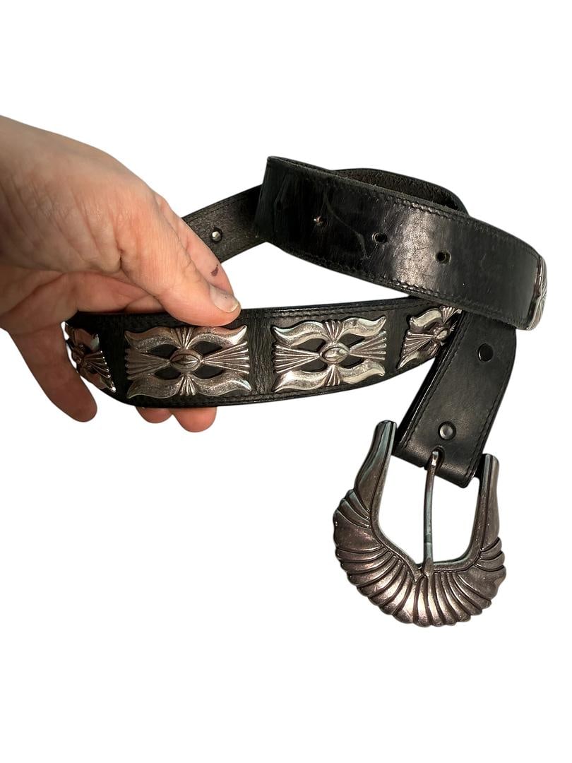 Men's Navajo 1970s Vintage Black Leather and Sterling Silver Ranger Concho Belt EXTREMELY RARE Style (1 of 6)