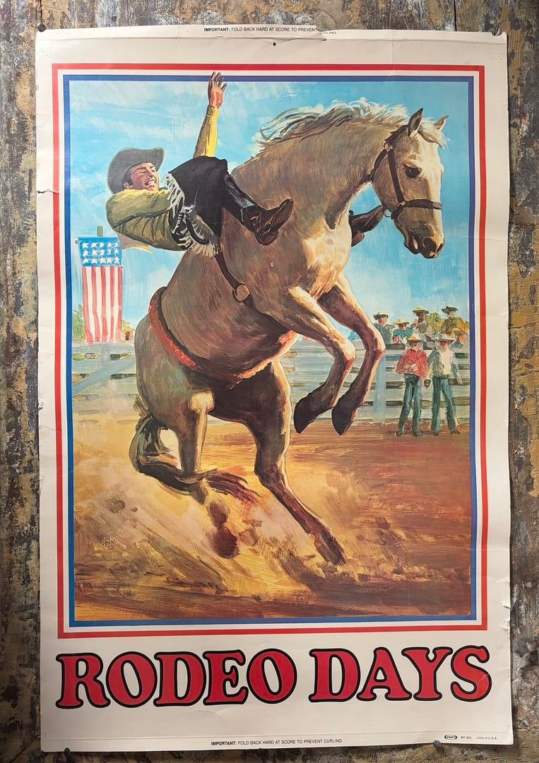 1970s Rodeo Days double sided poster by KRAFT RARE: LOT 309 1970s Rodeo Days double-sided poster by KRAFT marked M7 493 in the margin. Advertising a rodeo on one side and 'Chuck Wagon Fixin's' on the back. Light dampness mark on right margin. 25 x 38