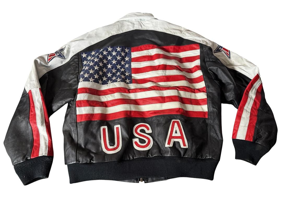 Mens Phase 2 Leather Jacket American Flag Vintage 1990s USA UNISEX Size Large (1 of 6)