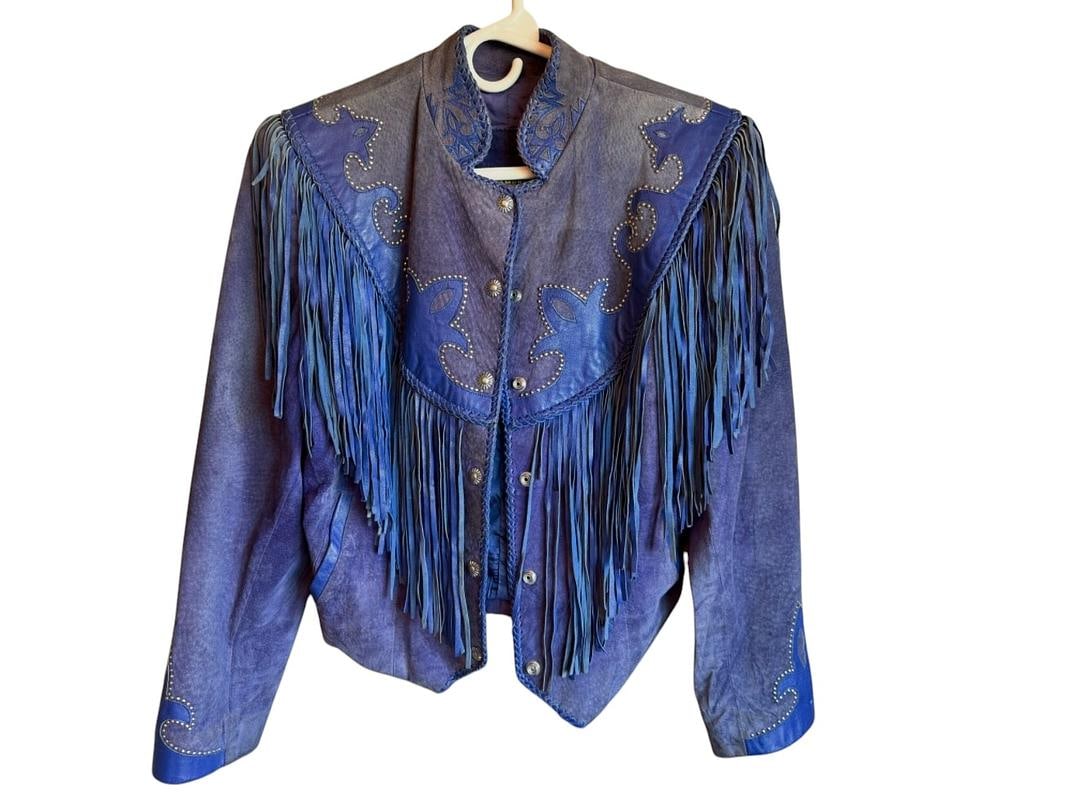 Womens Diamond Leathers Cobalt Blue Fringe Vintage Suede 1980s Cowgirl Western Jacket (1 of 7)