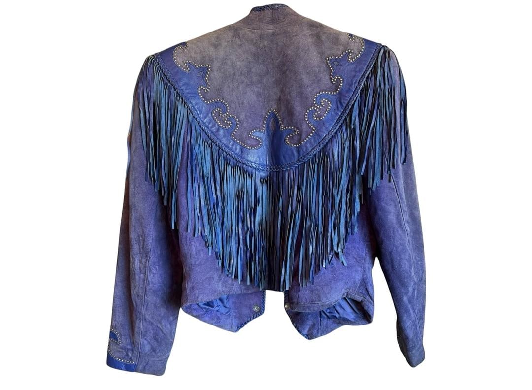 Womens Diamond Leathers Cobalt Blue Fringe Vintage Suede 1980s Cowgirl Western Jacket - 2