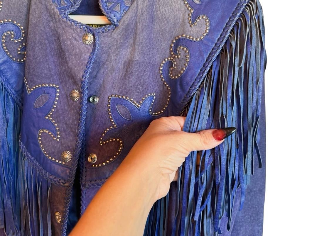 Womens Diamond Leathers Cobalt Blue Fringe Vintage Suede 1980s Cowgirl Western Jacket - 6