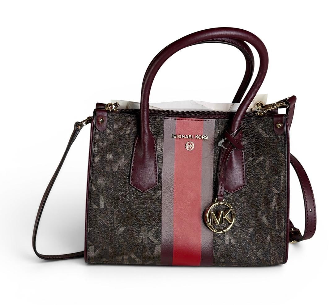 Michael Kors CENTER STRIPE Merlot Multi Maple Small Satchel Brand New with Tags 298 USD: LOT 27 Michael Kors; CENTER STRIPE Merlot Multi Maple Small Satchel NWOT MSRP $298.00 SKU 196163543055