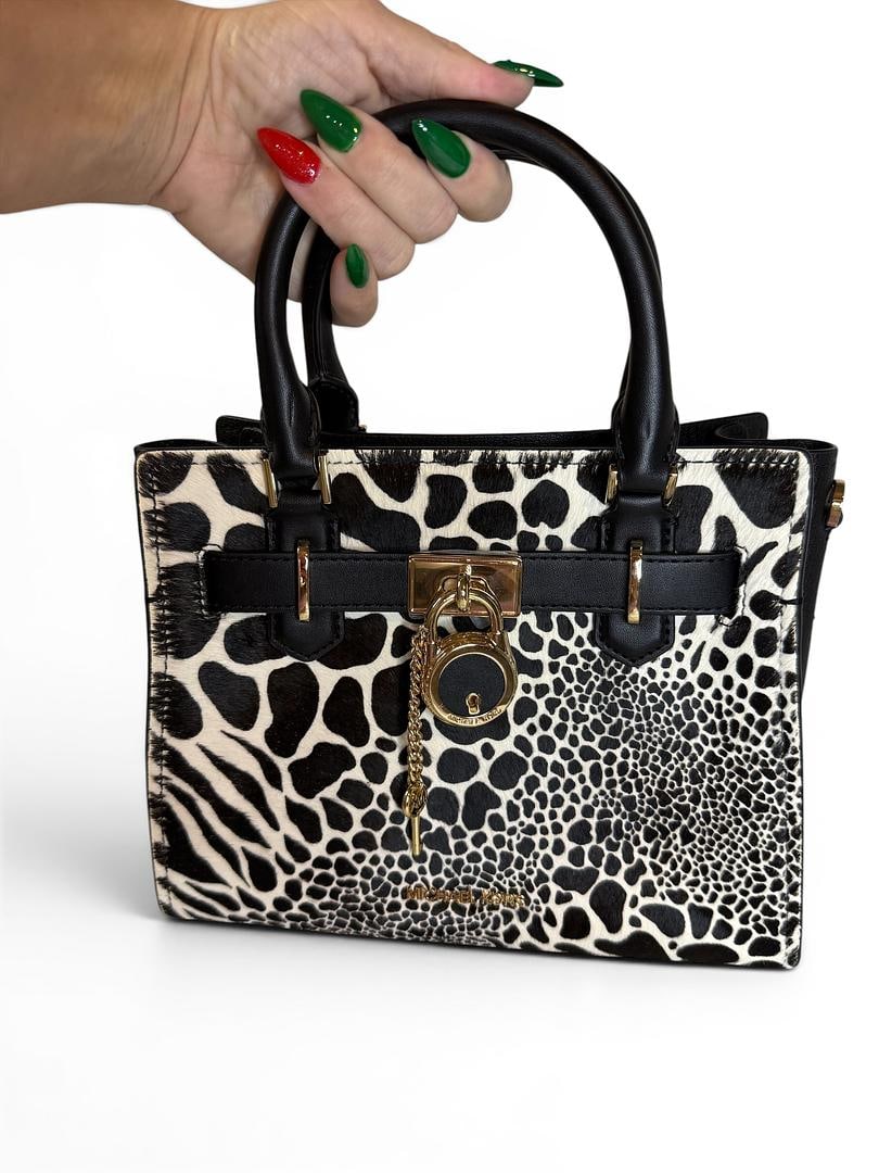 Michael Kors HAMILTON Black Small Satchel Leather Black and White Animal Print with Lock and Key: LOT 52 Michael Kors; HAMILTON Black Small Satchel Leather NWOT MSRP $498.00 SKU 196237272270 Animal Print BLACK/WHITE Key/Lock