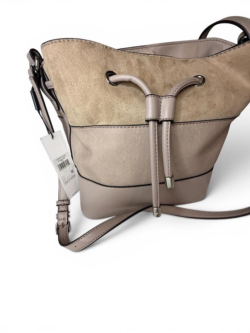 Calvin Klein fki Grey and White GABRIANNA Bucket Shoulder Bag Suede Leather Ash Dust Bag and Care: LOT 89 Calvin Klein; Style# H2DJG9HT fki Grey/White GABRIANNA Bucket Shoulder Bag Suede Leather Ash NWOT MSRP $148.00 UPC 196284471640; Included: Dust Bag, Care Card