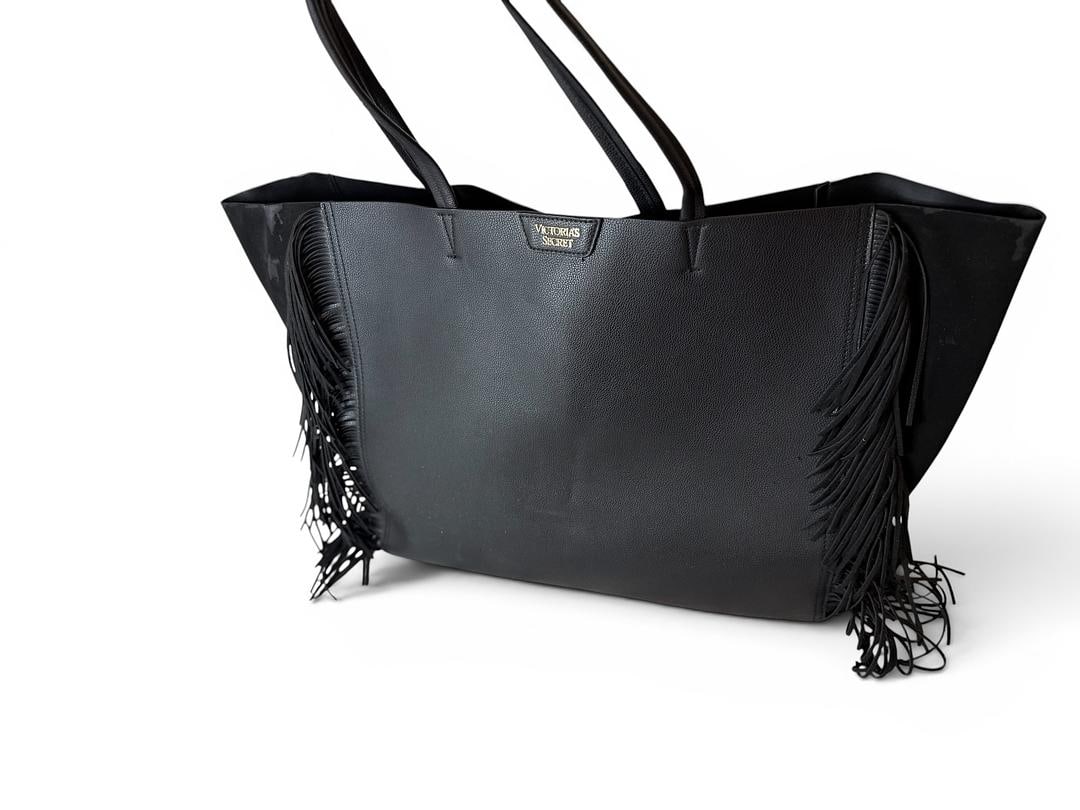 Vintage Large Black Pebble Leather Victoria Secret Side Fringe Tote Bag With Shoulder straps 40 USD (1 of 6)