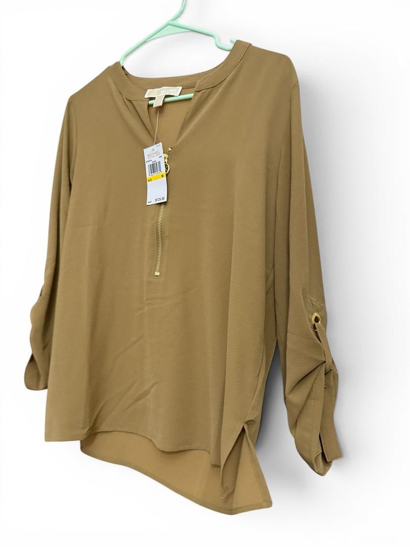 Womens Michael Kors Zip Up roll Tan Sleeves Golden Closure Dress Shirt Color Husk New With Tags MSRP (1 of 8)