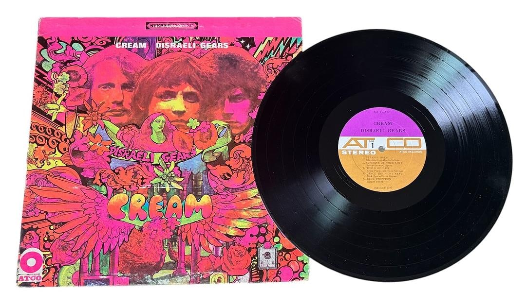 Cream Disraeli Gears LP Vinyl Record: LOT 113ARTIST: CreamTITLE: Disraeli GearsRELEASED: 1967CATALOG #: SD 33-232FORMAT: Vinyl 12"GENRE: RockTRACK LIST:A1. Strange Brew (2:45)A2. Sunshine Of Your Love (4:08)A3. World Of Pain (3:05)A4. Dan