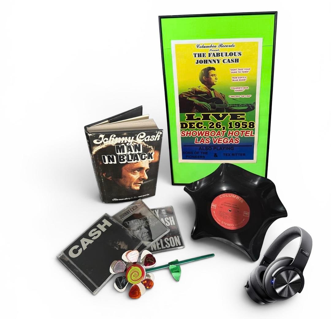 Johnny Cash Gift Set Authentic 1958 Las Vegas Concert Poster CDs Headphones Vinyl Record Bowl Guitar: JOHNNY CASH Lot comes with everything you see in photo. Lot comes with a mystery assortment of 5 random guitar picks. Lot includes Upcycled Record Trinket bowl/wall decor Warped Record Decor you see p