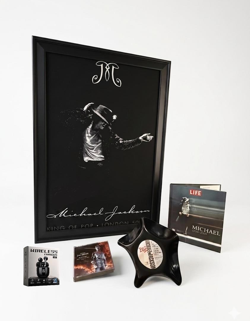 Michael Jackson Superfan Bundle Large Poster Art CD Set Vinyl Decor Bowl Ear Buds & Coffee Table: MICHAEL JACKSON Lot comes with everything you see in photo. Lot comes with a mystery assortment of 5 random guitar picks. Lot includes Upcycled Record Trinket bowl/wall decor Warped Record Decor you s