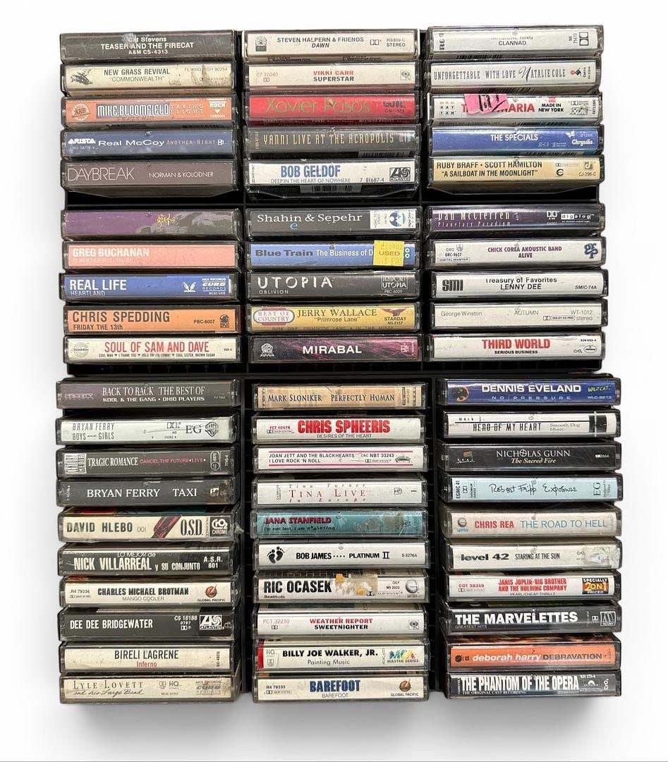 Unsearched DJ Estate Lot of 60 Vintage Cassette Tapes Mirabal Utopia Bluegrass Revival Birell: Unsearched DJ Estate Lot of 60 Vintage Cassette Tapes. Conditions of cases range from sealed in original packaging to some are open and some of the cases have scuffs, cracks and some damage and age ap