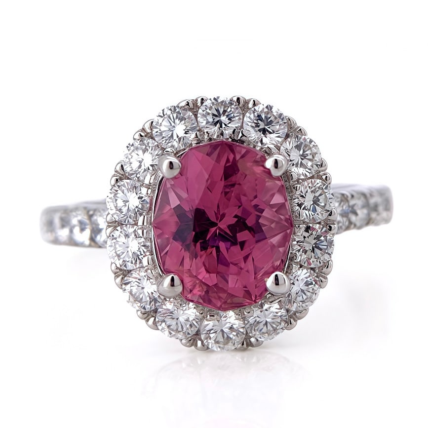 4.086 gram 18K Pink Spinel & diamond Ring: This is an elegant 18K Spinel Ring, featuring a 2.00 carat Natural Spinel as the center stone, beautifully complemented by 0.967 carats of Natural Diamonds on the sides. Crafted in fine 18K gold and d