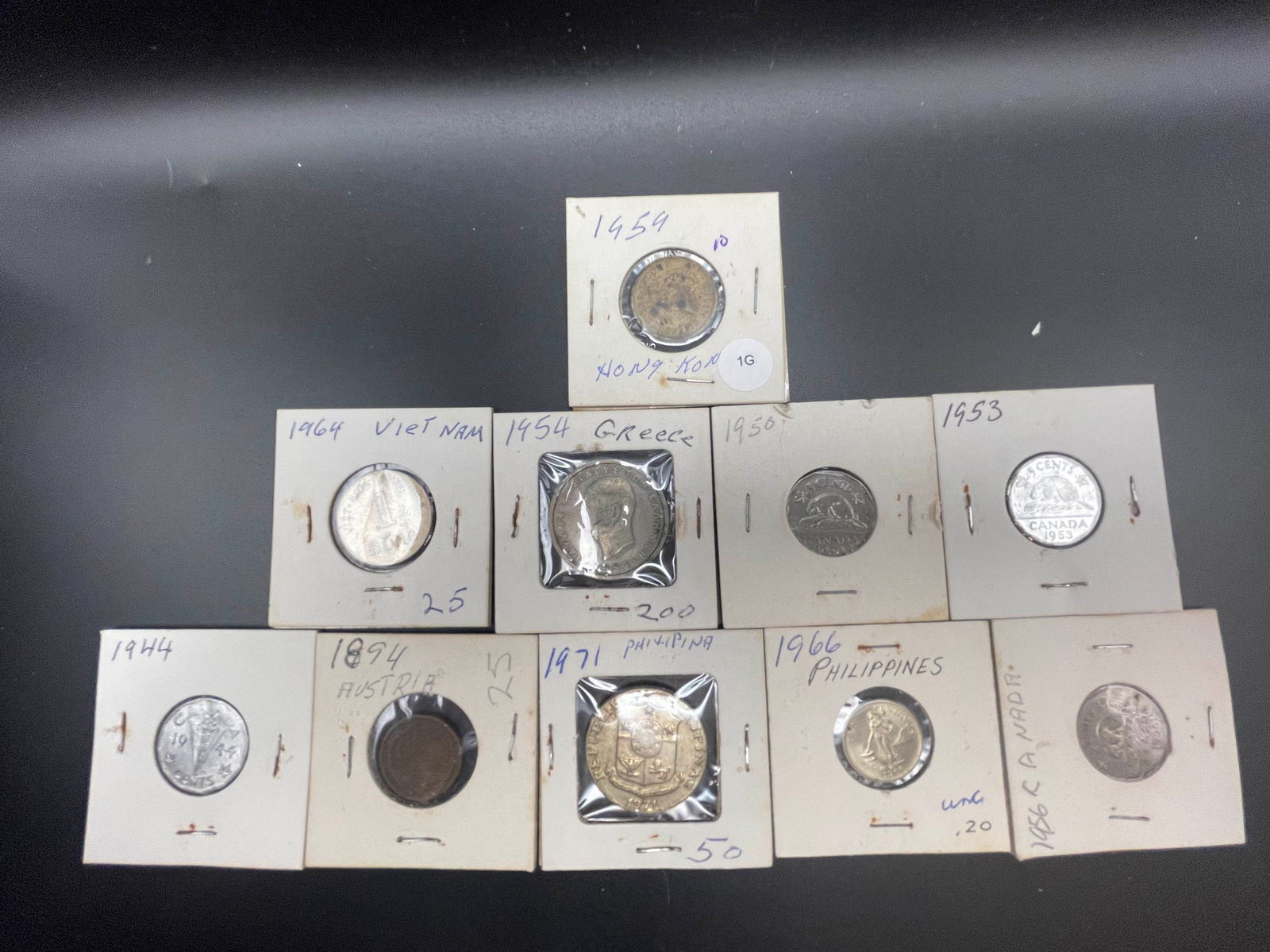 Lot of 10 Foreign/World Coins, All carded in 2x2s (1 of 2)