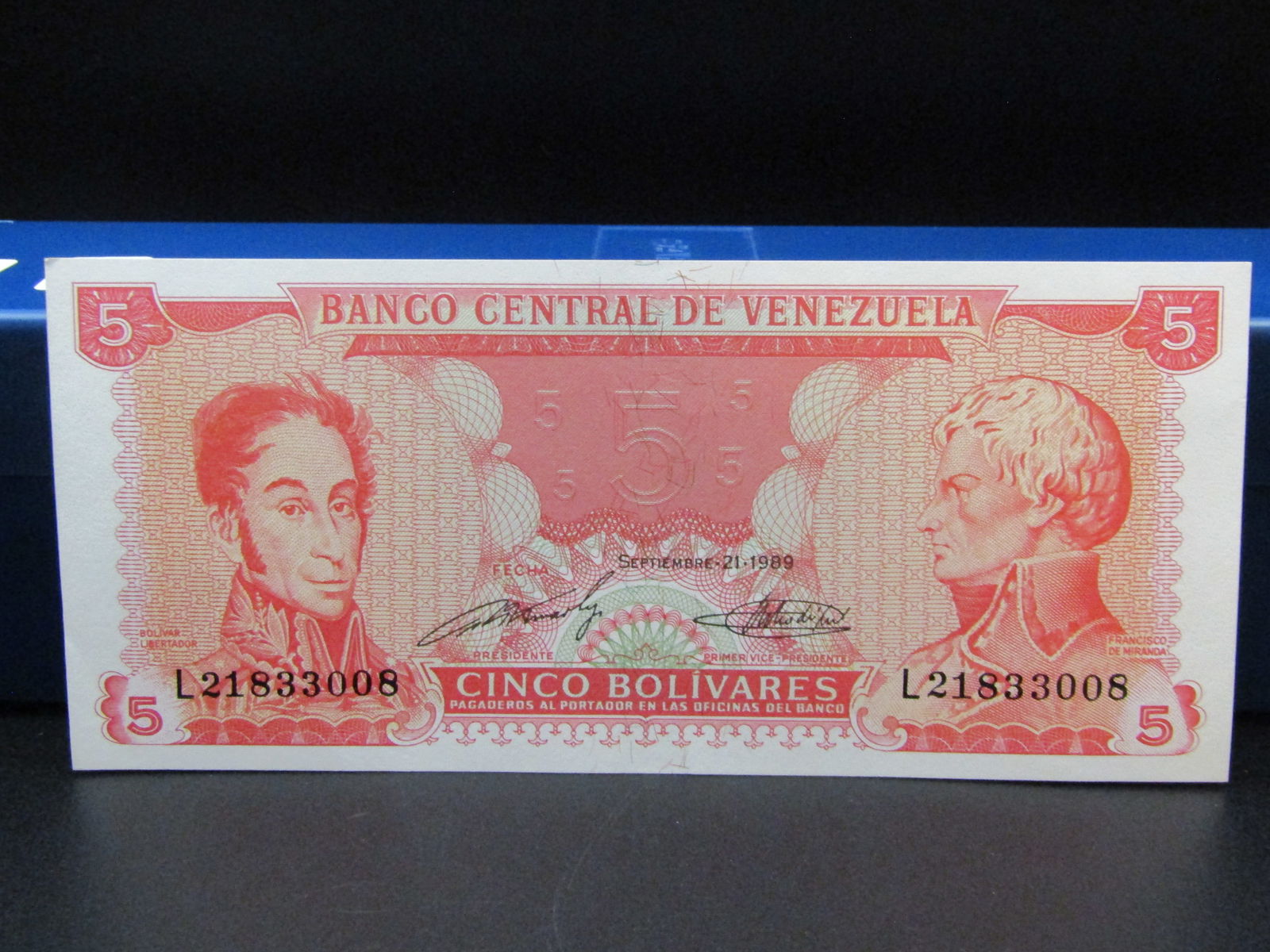 1989 'Foreign' 5 Bolivares Note, Crisp UNC -Tough Note to Find (1 of 2)