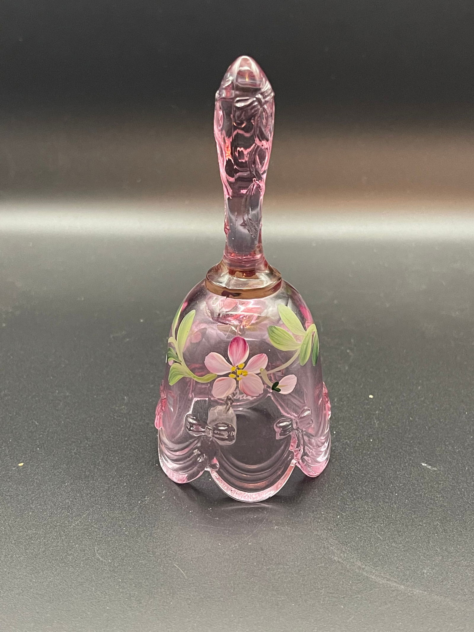 Vintage Fenton Hand Painted and Signed Purple Glass Bell w Scalloped Base and Textured Handle 4.5' (1 of 4)