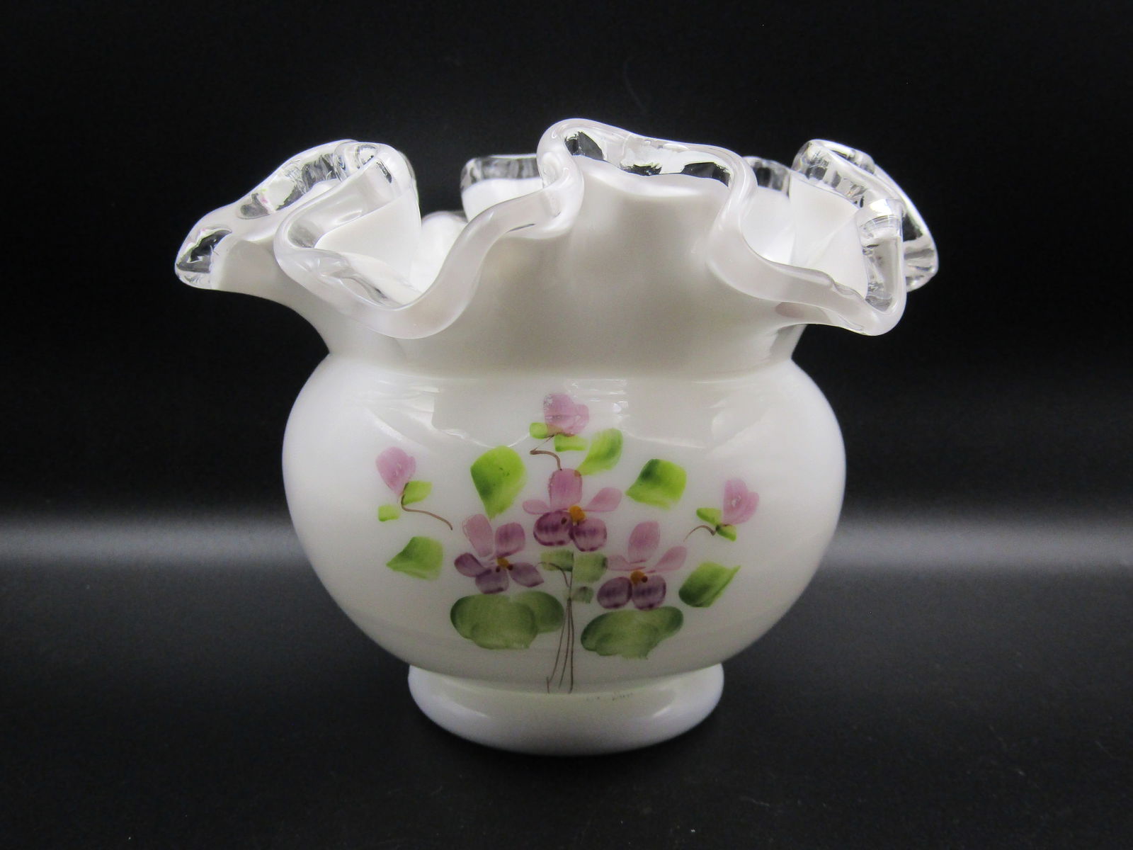 Vintage Fenton Silver Crest Hand Painted Ruffled Edge 'Violets in the Snow' Fleming 4' Bowl (1 of 4)