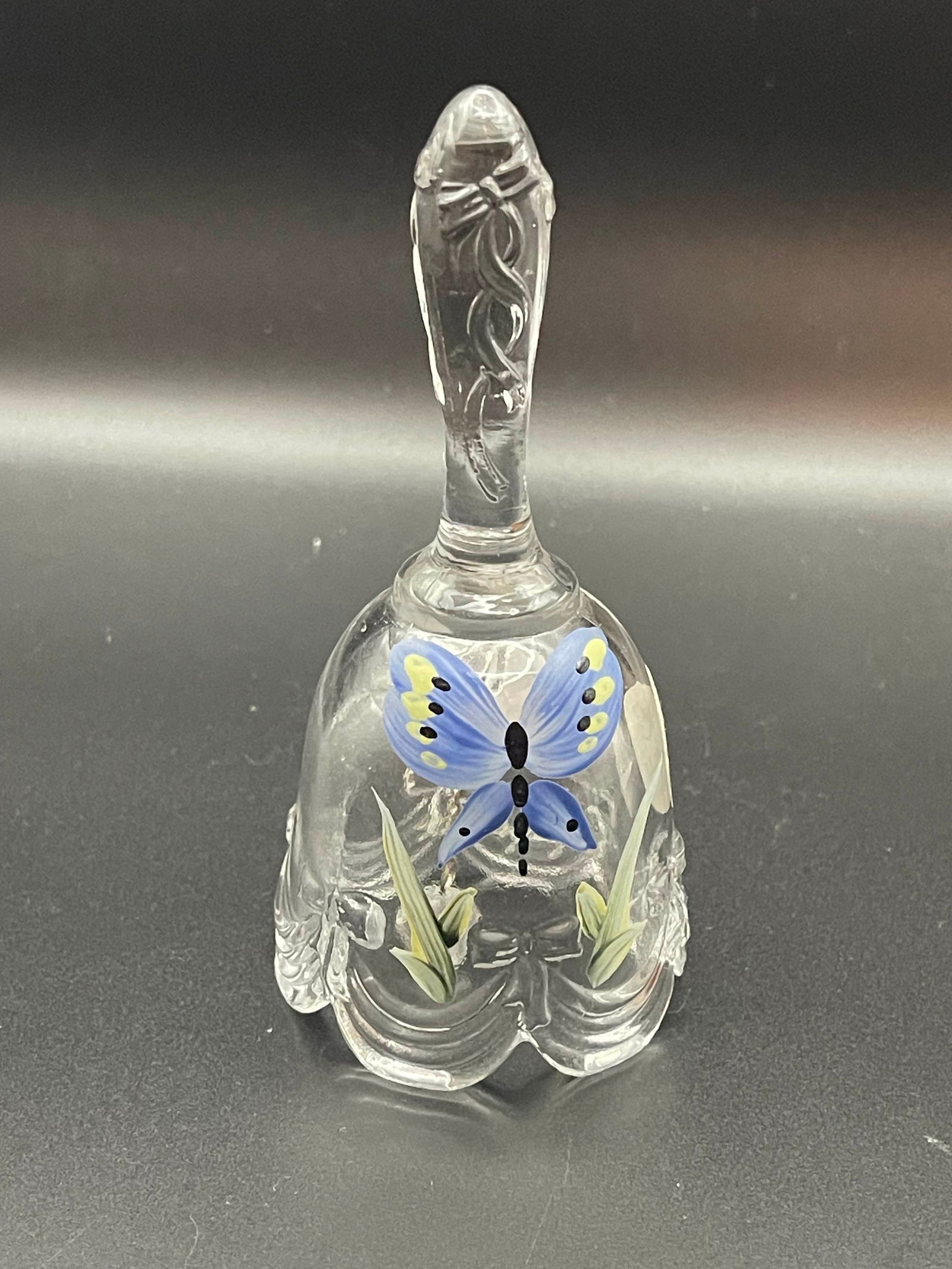 Vintage Fenton Hand Painted and Signed Clear Glass Bell with Painted Butterfly 4.5' (1 of 3)