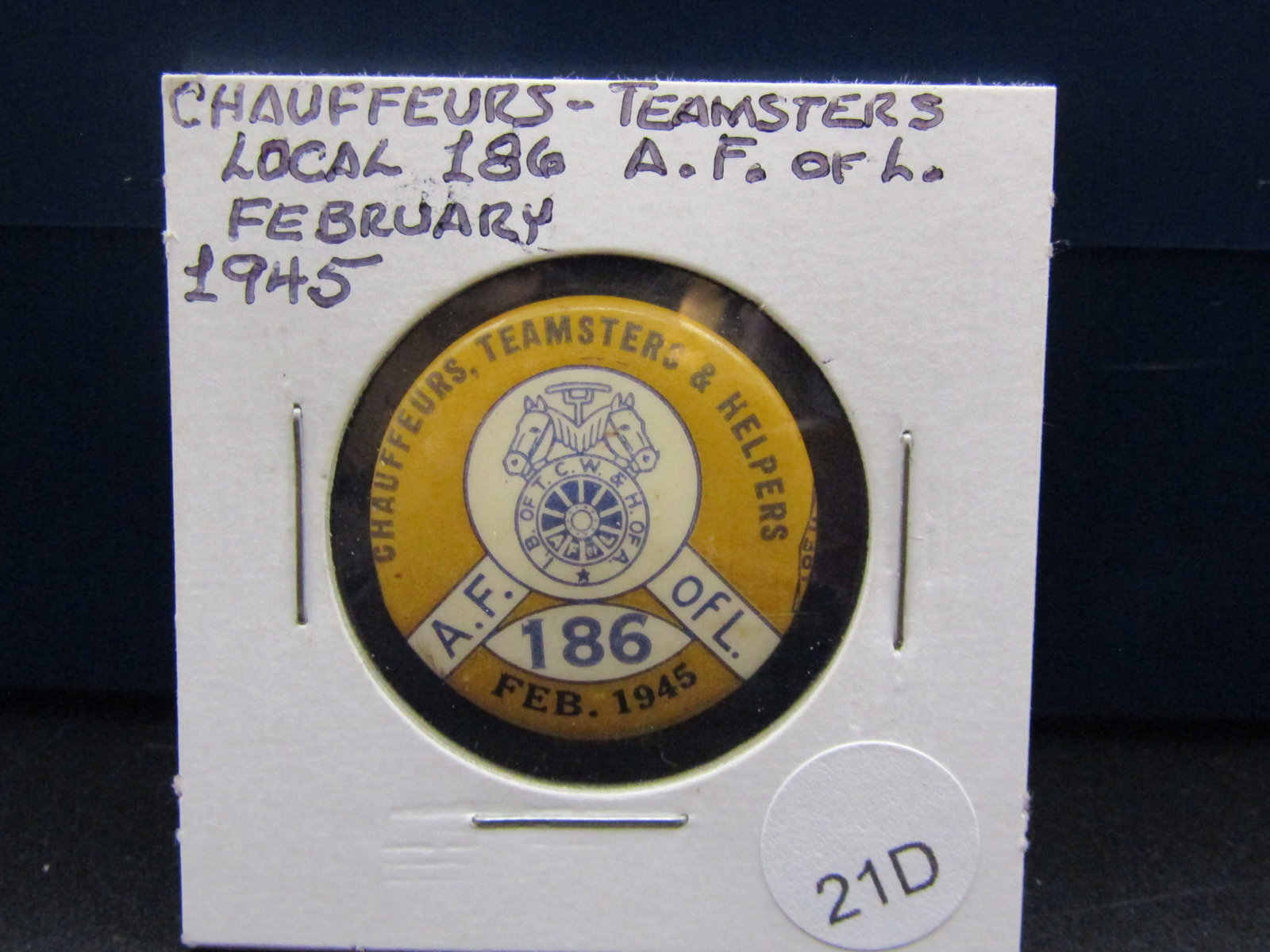 Chauffeurs Teamsters February 1945 Pinback, Tough WWII Union Pin: Chauffeurs Teamsters February 1945 Pinback, Tough WWII Union Pin Condition Yes, we will ship this item, we provide in house shipping to save our customers money. S&H fees and insurance will be added t