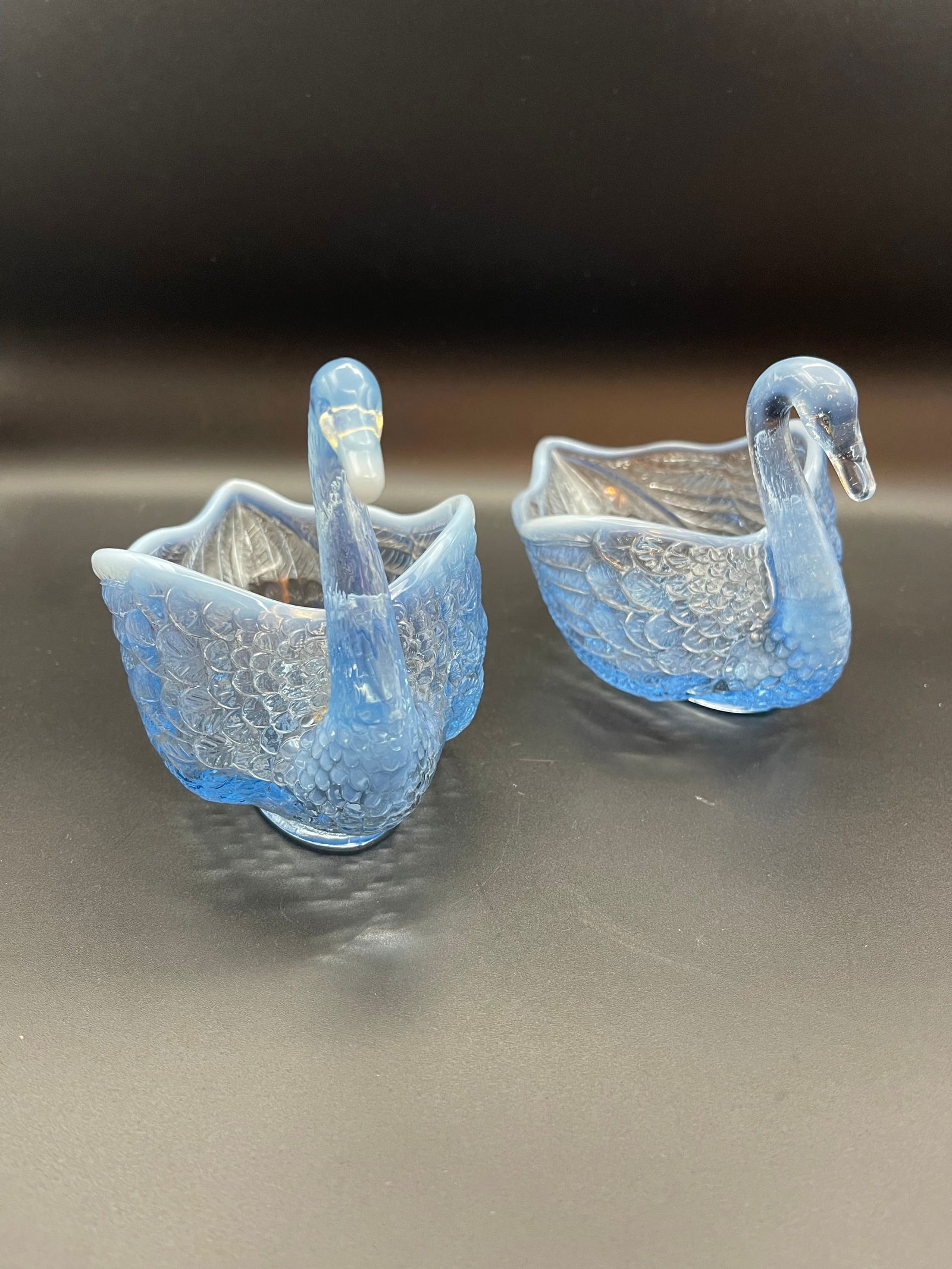 Vintage Fenton Blue Opalescent Glass Swan Trinket Candy Dishes Lot of 2 Approx. 4 Inches Tall (1 of 4)